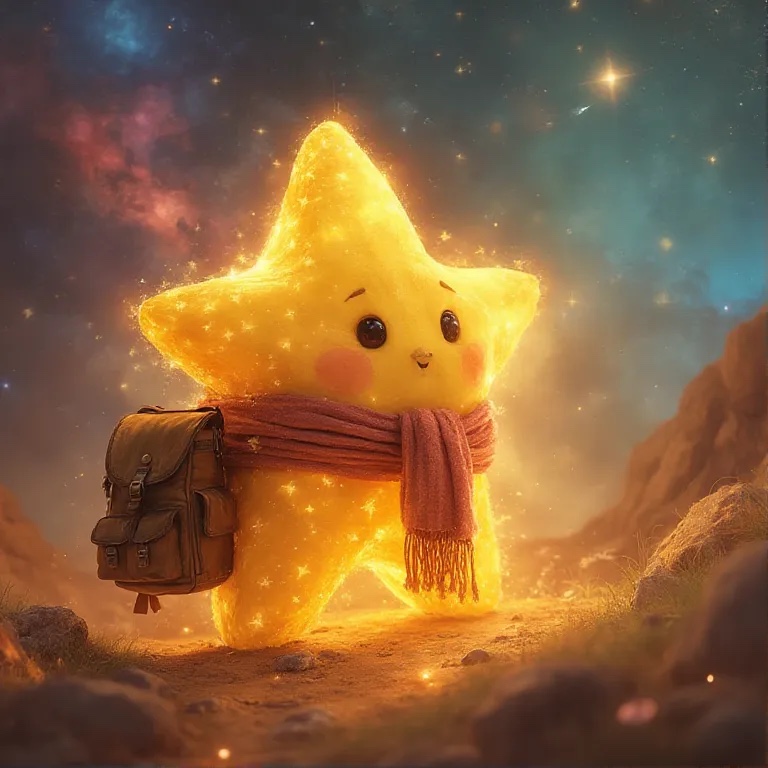 A glowing star wearing a scarf and backpack on a cosmic adventure, generated by FLUX.1 with APT.