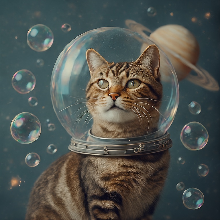 A tabby cat in a transparent space helmet with Saturn in the background, generated by Lens with APT.