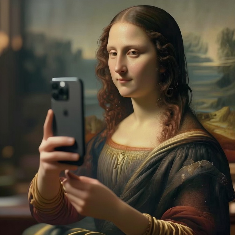 Mona Lisa selfie example generated by the Lens base model.