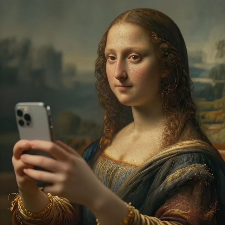 The Mona Lisa taking a selfie with a smartphone, generated by Lens with APT.