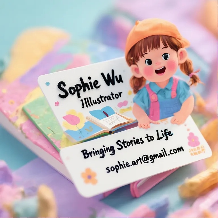 A pastel business card for illustrator Sophie Wu, generated by LongCat-Image with APT.