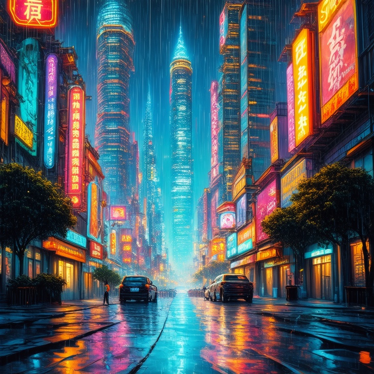 An illustrated neon city reflected in rain-soaked streets, generated by SD3.5-Medium with APT.